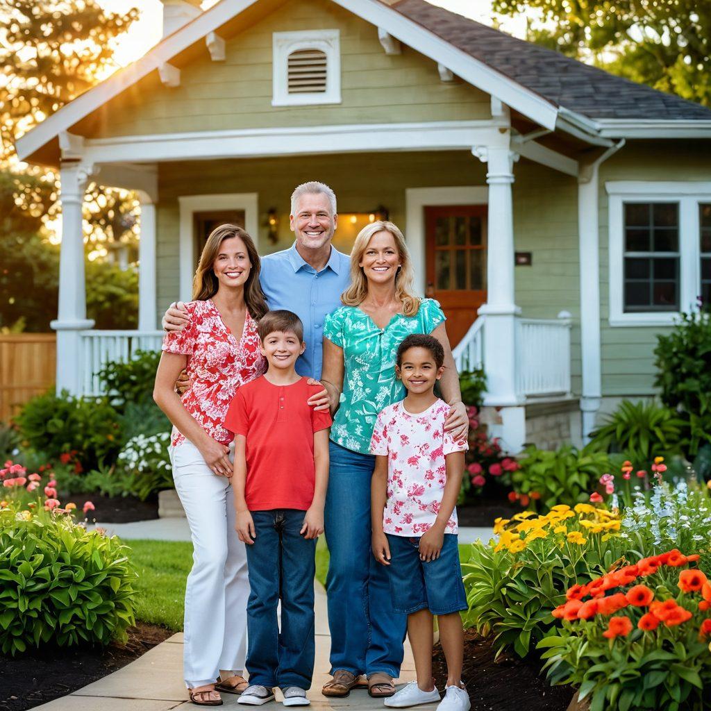 A joyful family standing in front of their new, charming home, surrounded by lush greenery and colorful flowers. In the background, a sunrise casts a warm glow over the neighborhood, representing new beginnings and opportunities. Include elements of a thriving real estate market, like 'sold' signs and happy neighbors. The scene should convey warmth, happiness, and community spirit. vibrant colors. super-realistic.