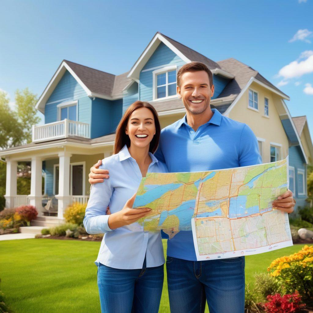 A cheerful family joyfully exploring a beautiful suburban neighborhood, with modern houses and colorful gardens in the background. They are holding a map and pointing excitedly at a 'For Sale' sign. A bright blue sky enhances the uplifting atmosphere, symbolizing a hopeful journey in real estate. super-realistic. vibrant colors. 3D.